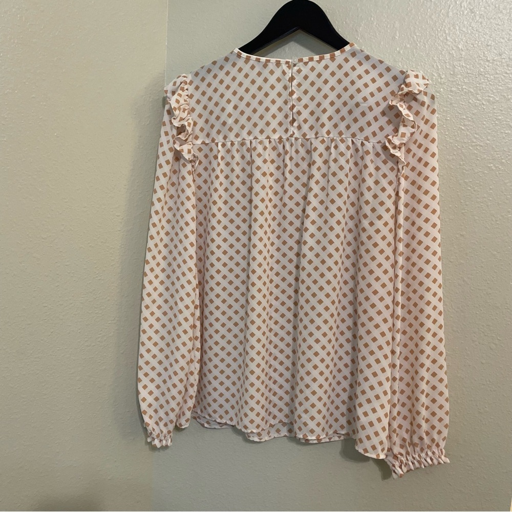 LOFT Cream Blouse with Tan Geometric Print & Ruffle Shoulders